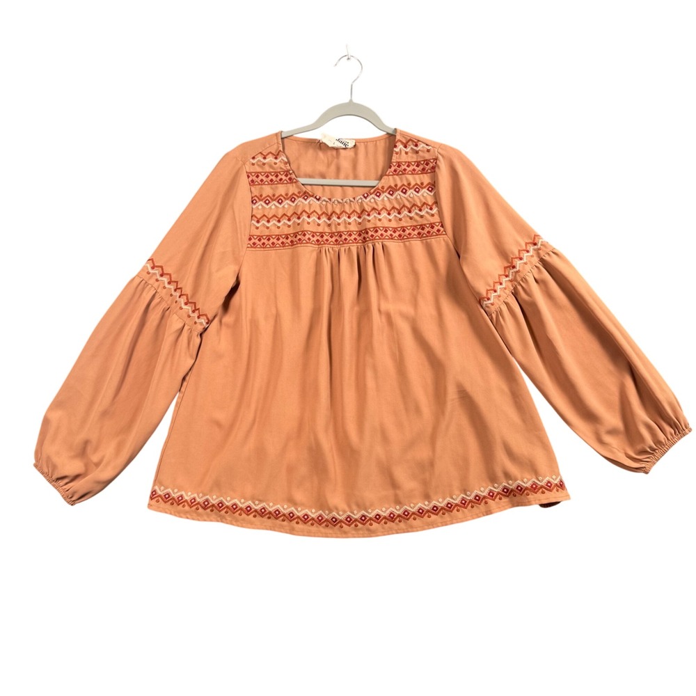 Savanna Jane Embroidered Peasant Blouse Womens L Terracotta‎ Boho Lantern Sleeve